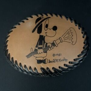 Vintage Firefighter Belt Buckle: Leather Covered Hand Painted